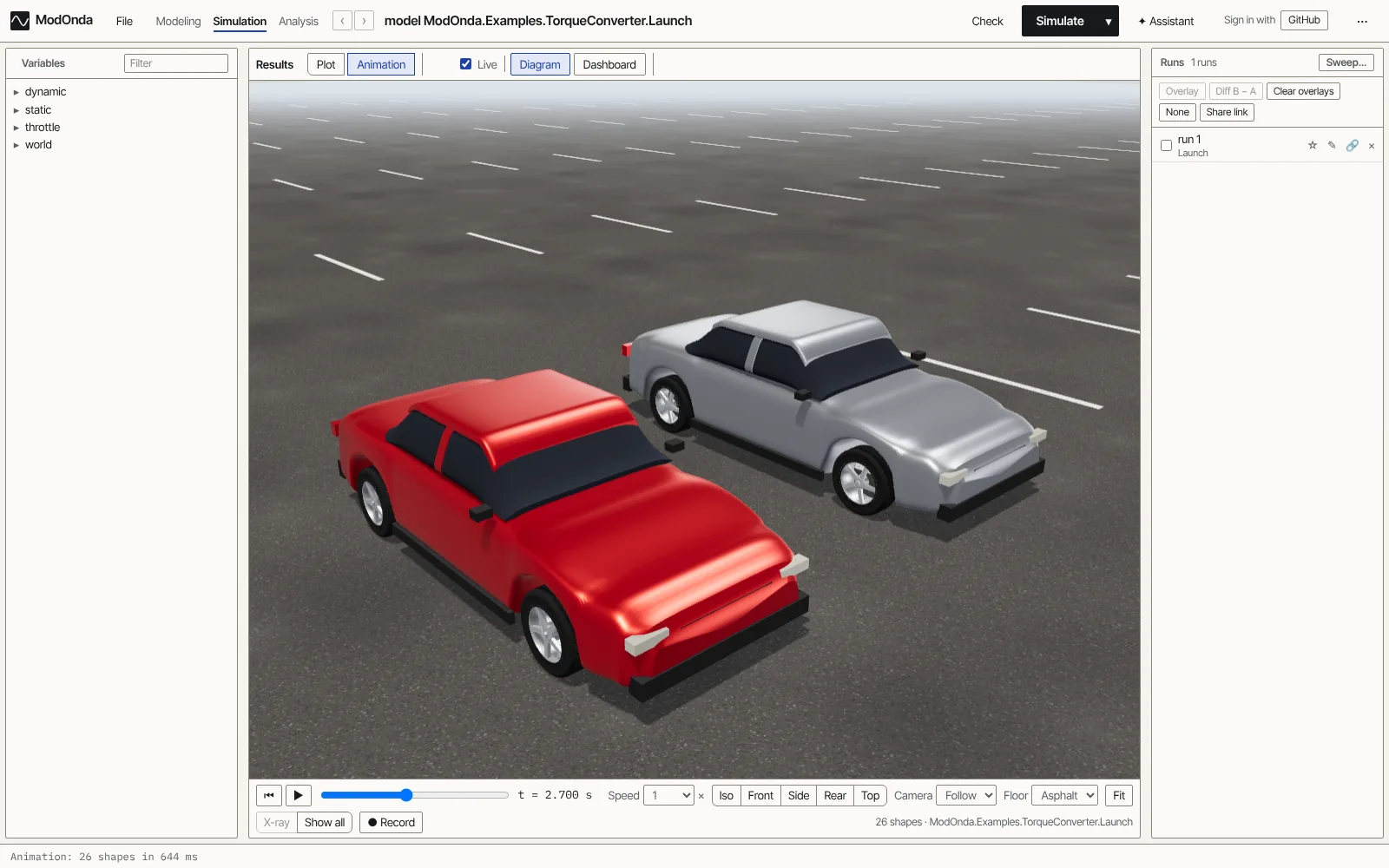The ModOnda workbench after simulating a torque converter launch, with two cars driving side by side in the 3-D animation.