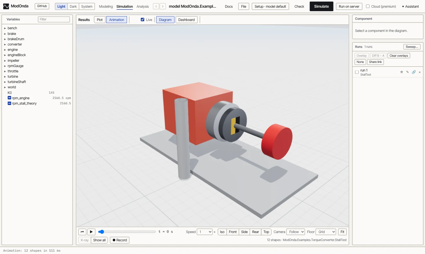 TorqueConverter.StallTest animated: engine, converter, held turbine and brake