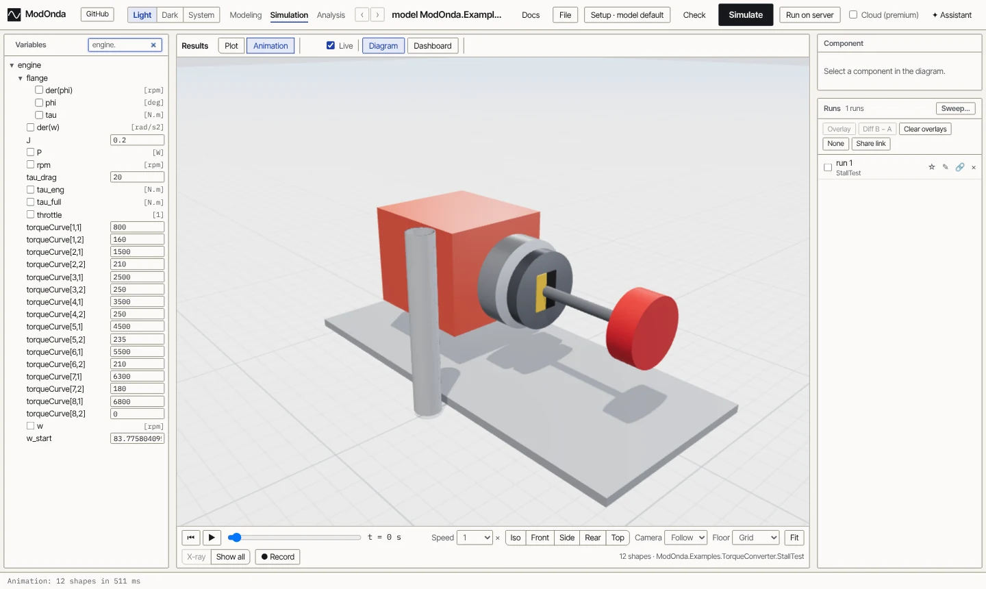 The variable browser filtered to engine, next to the StallTest animation