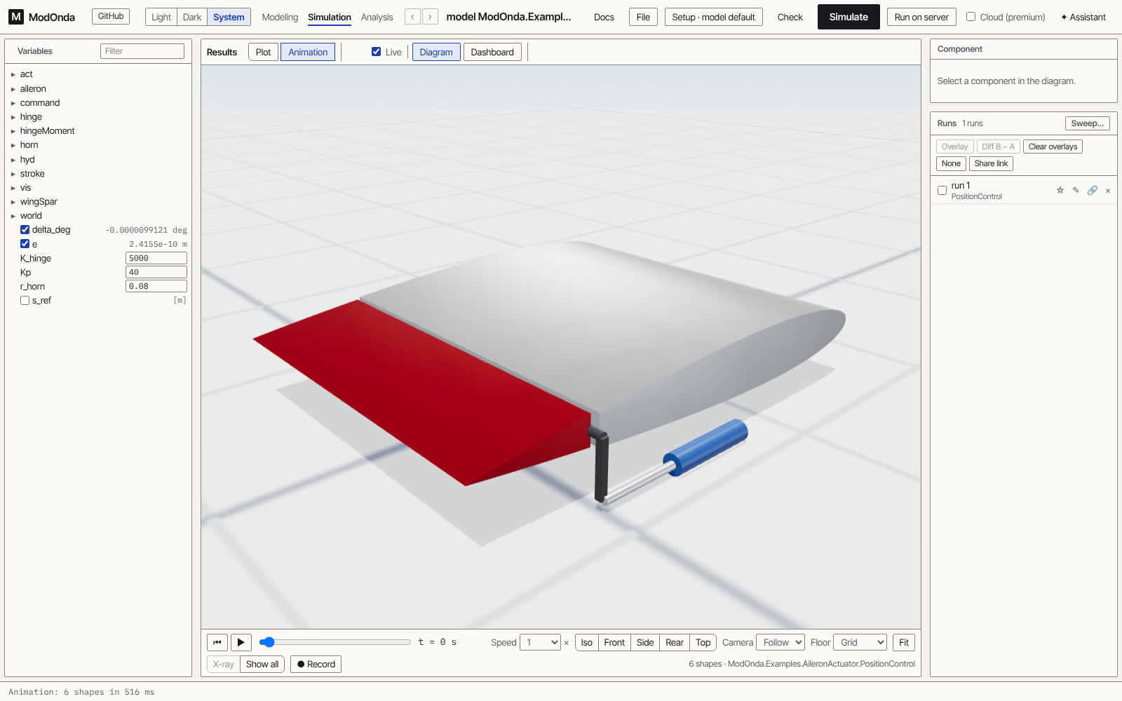 A 3-D animation of an aileron actuator model replayed after a simulation.