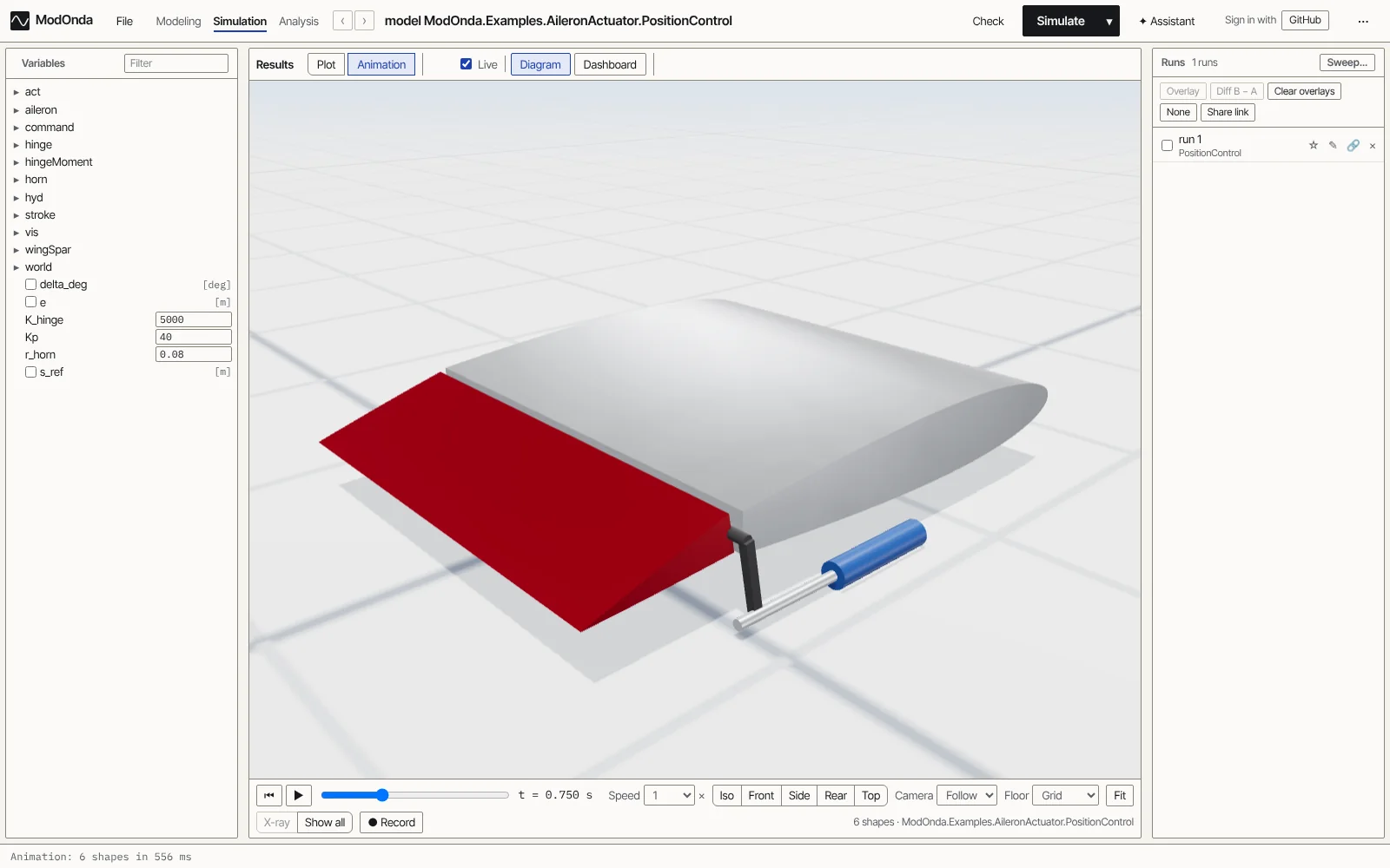 A 3-D animation of an aileron actuator model replayed after a simulation.
