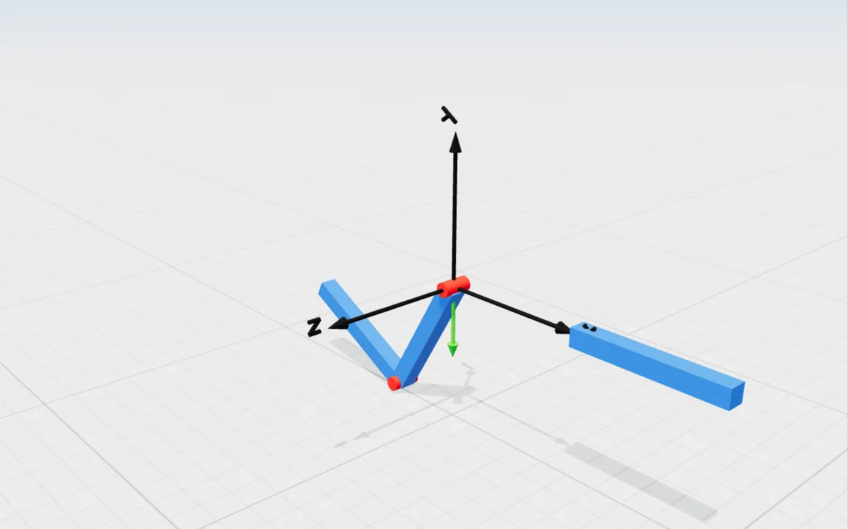 Two blue bars joined at a red hinge, drawn in 3-D with coordinate axes.
