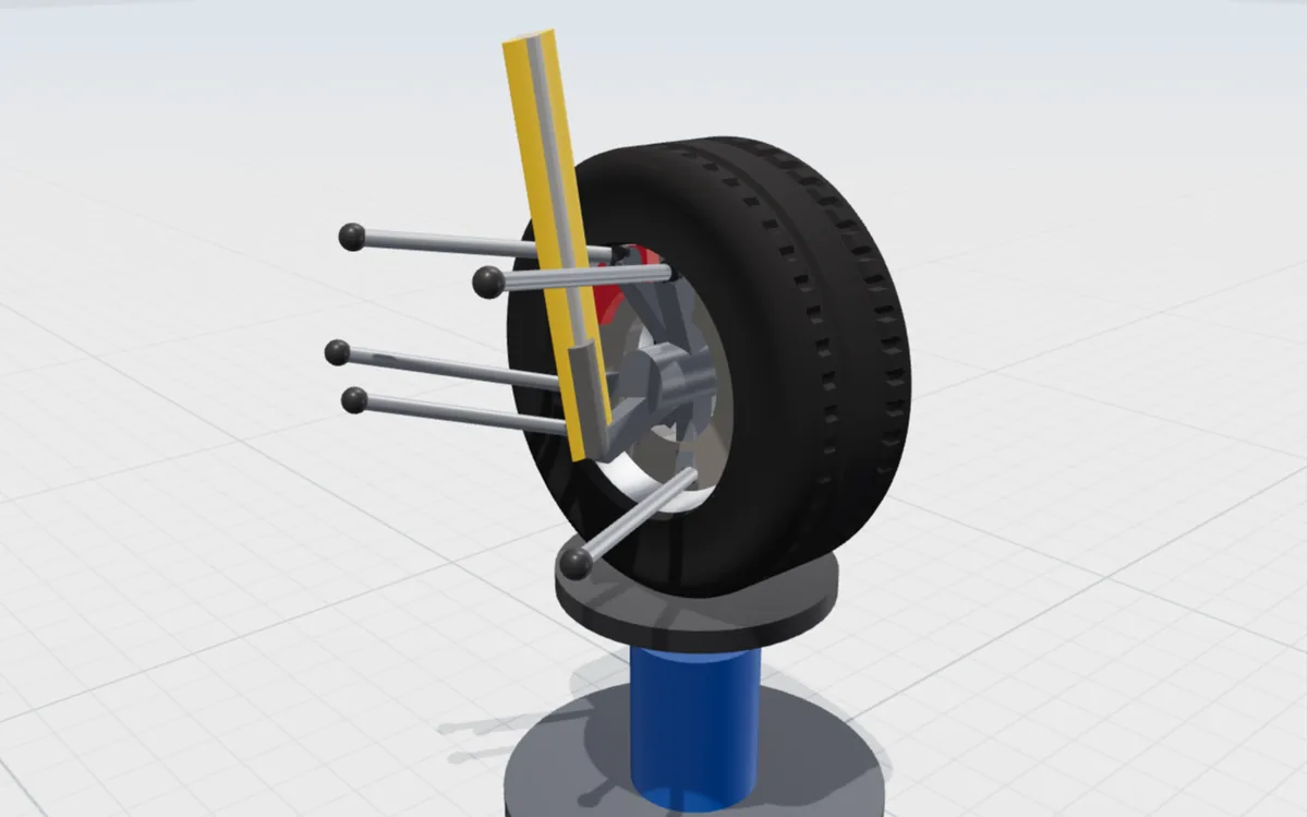 A multilink suspension corner on a test rig: a tyre and brake disc with the links drawn as grey rods.