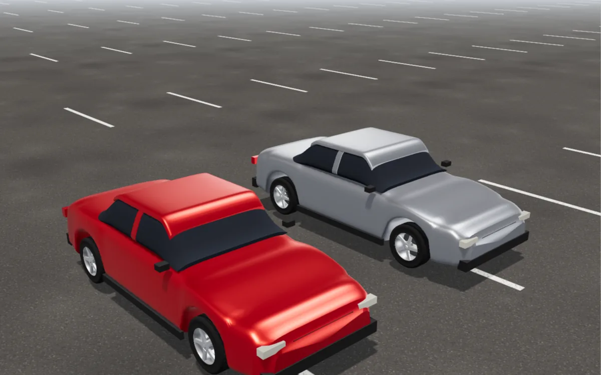 Two saloon cars, one red and one silver, launching side by side on a car park in the 3-D animation.