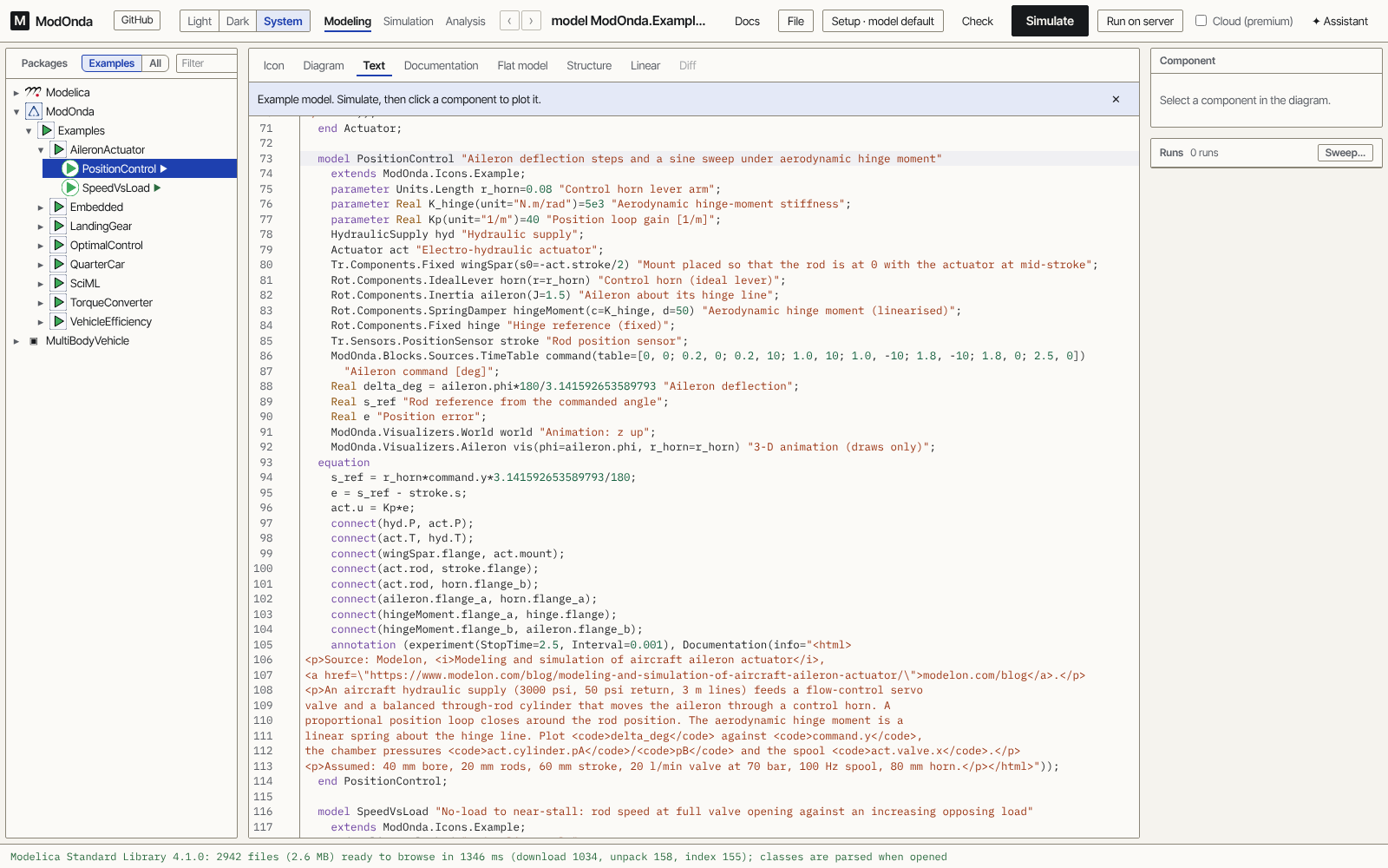 The Modelica text view of a class, with syntax colouring.